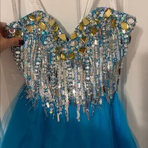 Blue Beaded Strapless Dress